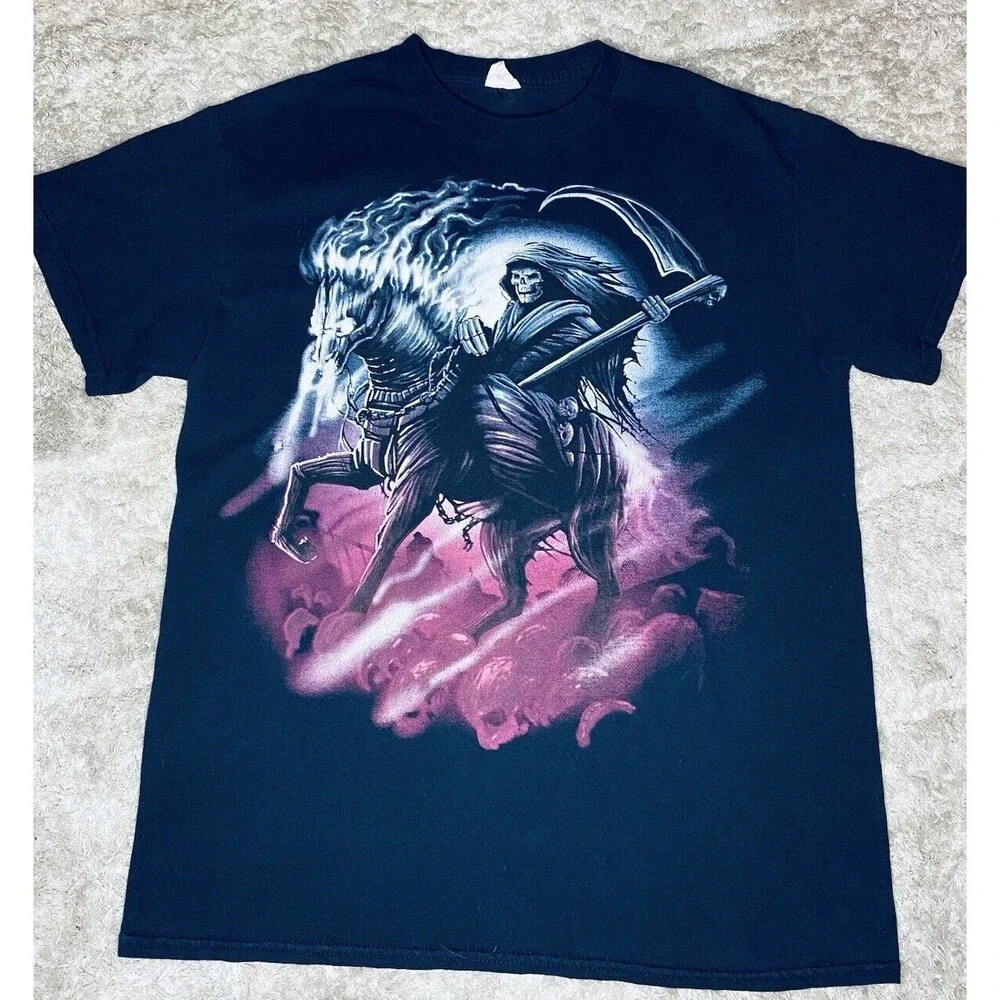 Grim Reaper Shirt Men’s Medium Skull Black Y2K Horse Graphic Print T-Shirt Heavy